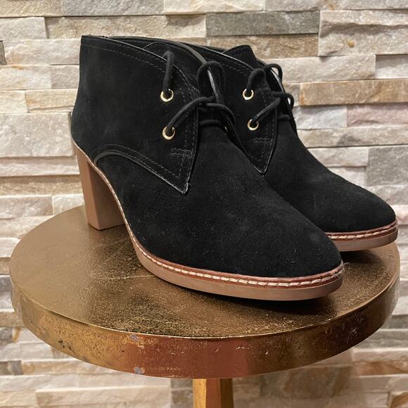 Tory Burch Hilary Suede Chukka Booties | Black Lace-Up, Block Heel, 8M - Picture 4 of 13